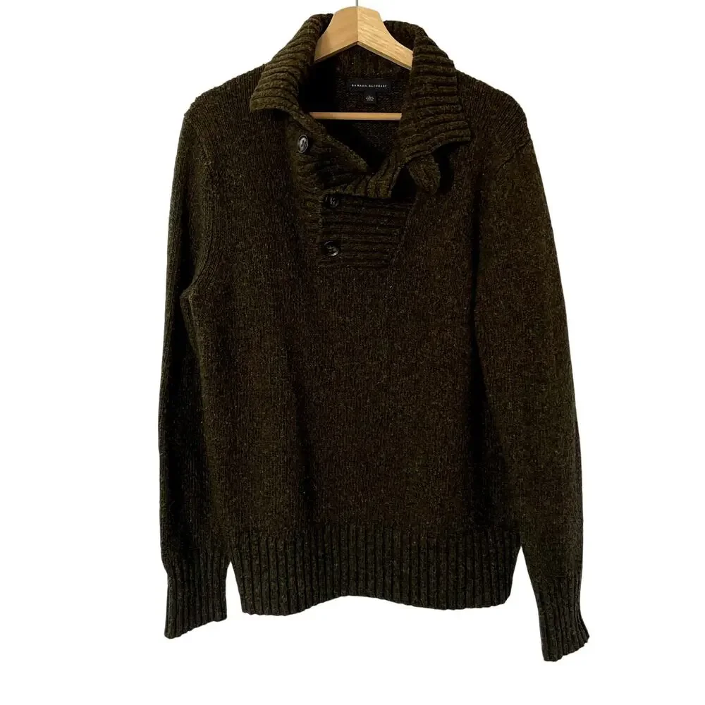 Banana Republic lambswool dark green collared neck detail knit sweater men's‎ L